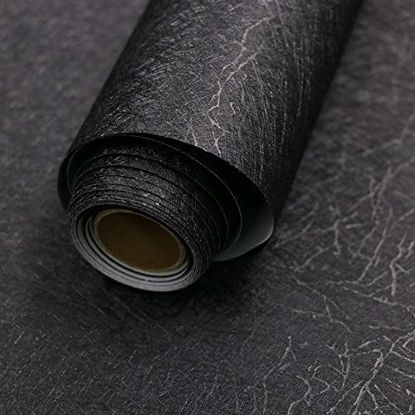 Picture of 15.7" X 118" Black Silk Wallpaper Embossed Self Adhesive Peel and Stick Wallpaper Removable Kitchen Wallpaper Vinyl Black Wallpaper Cabinet Furniture Countertop Shelf Paper Textured Wallpaper