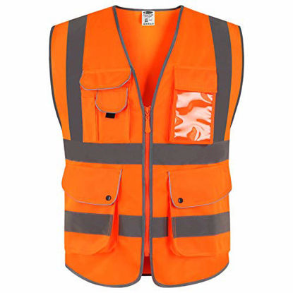 Picture of JKSafety 9 Pockets Class 2 High Visibility Zipper Front Safety Vest With Reflective Strips,Meets ANSI/ISEA Standards (3X-Large, Orange)