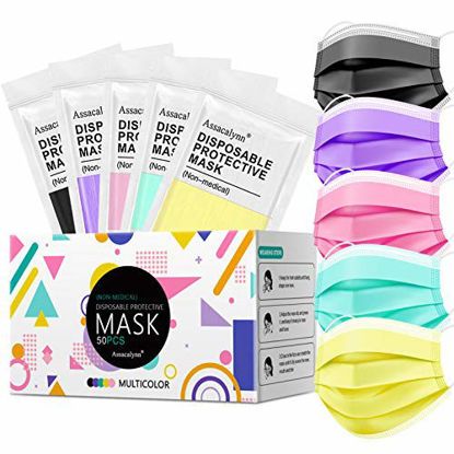 Picture of 50pcs Multicolor Face Mask,Purple Yellow Green Pink Black Mask,3 Ply Mouth Cover