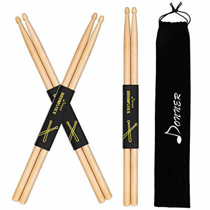 Picture of Donner Drum Sticks, Snare Drumsticks 5A Classic Maple Wood Drumsticks 3 Pair With Carrying Bag