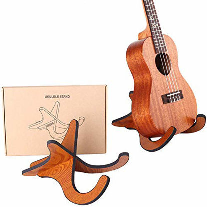 Picture of TIHOOD Wooden Ukelele Stand Holder Musical Instrument Stand Concert Portable Wood Stand for Small Guitar, Violin, Banjo (Brown)