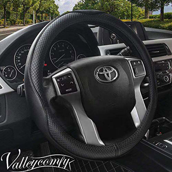 Valleycomfy 15.75 inch Auto Car Steering Wheel Covers Black with Red Lines Genuine Leather for F-150 Tundra Range Rover 