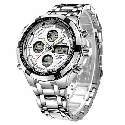 Picture of GOLDEN HOUR Luxury Stainless Steel Analog Digital Watches for Men Male Outdoor Sport Waterproof Big Heavy Wristwatch (Silver White)