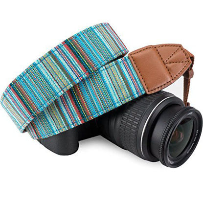Picture of Wolven Pattern Canvas Camera Neck Shoulder Strap Belt Compatible with All DSLR/SLR/Men/Women etc, Cyan Stripe Pattern