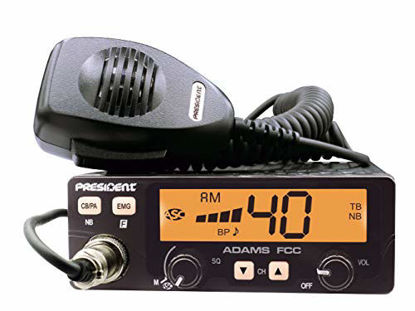 Picture of President Adams FCC CB Radio. Large LCD with 7 Colors, Programmable EMG Channel Shortcuts, Roger Beep and Key Beep, Electret or Dynamic Mic, ASC and Manual Squelch, Talkback