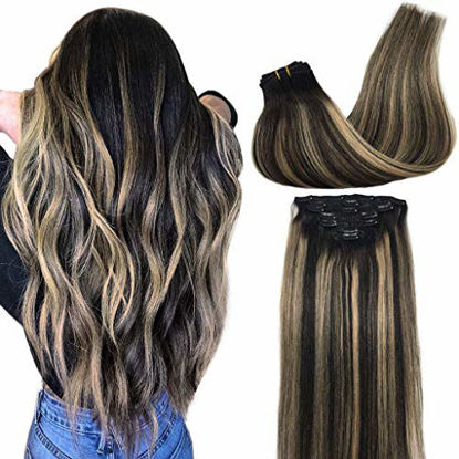 Picture of GOO GOO Remy Clip in Hair Extensions Ombre Natural Black to Light Blonde Human Hair Extensions Clip in Natural Hair Extensions Silky Straight 18 inch 7pcs 120g