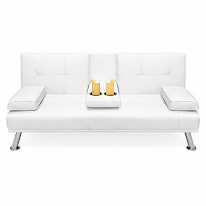 Picture of Best Choice Products Faux Leather Upholstered Modern Convertible Folding Futon Sofa Bed for Compact Living Space, Apartment, Dorm, Bonus Room w/Removable Armrests, Metal Legs, 2 Cupholders - White