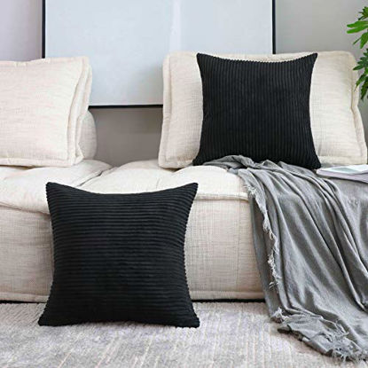 Picture of Home Brilliant Decor Striped Corduroy Velvet Square Pillow Cases for Bed Supersoft Decorative Pillowcase, Black, Set of 2, 18 inch, 45x45cm