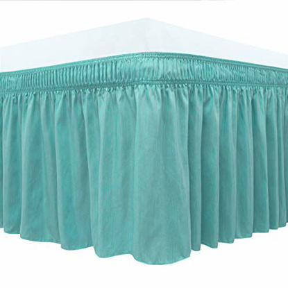 Picture of Biscaynebay Wrap Around Bed Skirts Elastic Dust Ruffles, Easy Fit Wrinkle and Fade Resistant Silky Luxrious Fabric Solid Color, Aqua for Full and Full XL Size Beds 18 Inches Drop