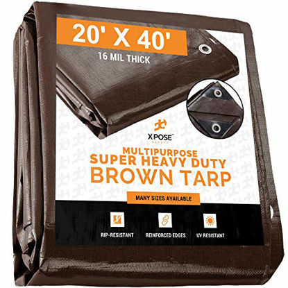 Picture of 20' x 40' Super Heavy Duty 16 Mil Brown Poly Tarp Cover - Thick Waterproof, UV Resistant, Rot, Rip and Tear Proof Tarpaulin with Grommets and Reinforced Edges - by Xpose Safety