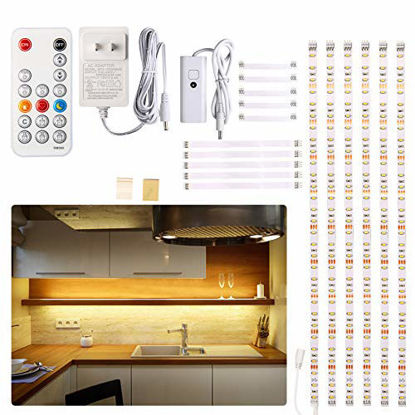 Picture of Under Cabinet LED Lighting kit, 6 PCS LED Strip Lights with Remote Control Dimmer and Adapter, Dimmable for Kitchen Cabinet,Counter,Shelf,TV Back,Showcase 2700K Warm White, Bright, Timing