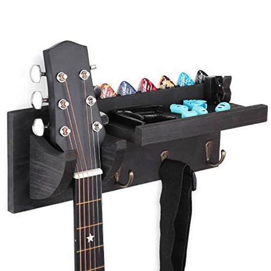 Picture of Bikoney Guitar Wall Hanger Guitar Holder Wall Mount Bracket Hanger Guitar Wood Hanging with Pick Holder and 3 Hook Vintage Black