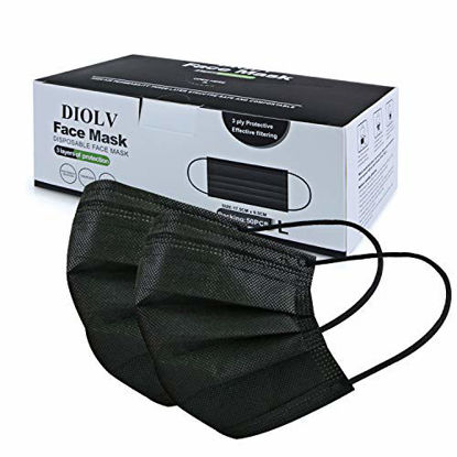 Picture of DIOLV Disposable Face Mask Adult 3 Layer Filtration, Mens Breathable Protection Facemask Safety Dust Filter Womens Protective Facial Masks for Indoor Outdoor 50Pcs/Pack, Earloop Black