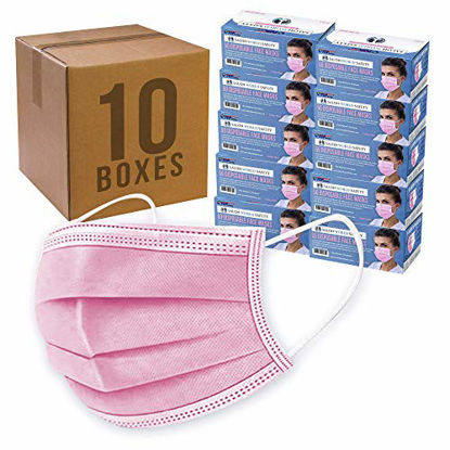 Picture of TCP Global Salon World Safety - Pink Face Masks 10 Boxes (500 Masks) Breathable Disposable 3-Ply Protective PPE with Nose Clip and Ear Loops