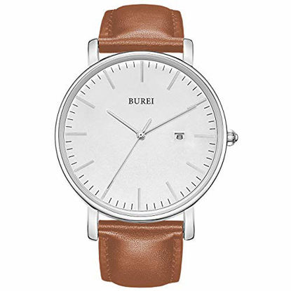 Picture of BUREI Men's Fashion Minimalist Wrist Watch Analog White Date with Brown Leather Band (Silver Brown)