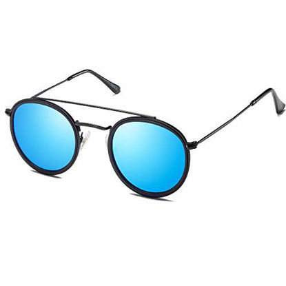 Picture of SOJOS Small Retro Round Polarized Sunglasses UV400 Double Bridge Sunnies SUNSET SJ1104 with Black Frame/Matte Black Rim/Blue Mirrored Lens