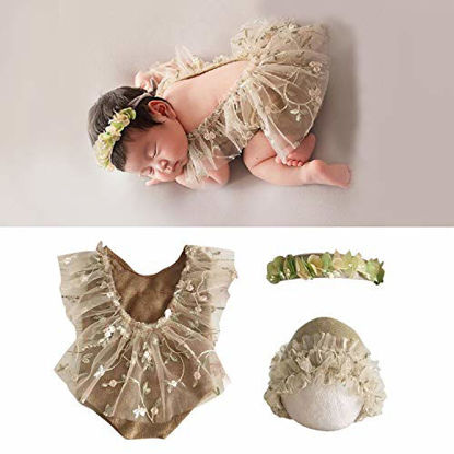 Picture of 3 PCS Newborn Cute Cotton Rompers Photography Props with Baby Lace Hat Flower Headband Vest Floral Classic Outfits for Girl Princess Twins Birthday Party (0-3 Months) (Khaki)