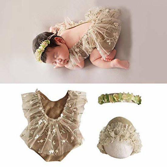 3 PCS Newborn Cute Cotton Rompers Photography Props with Baby Lace Hat Flower Headband Vest Floral Classic Outfits for Girl Princess Twins Birthday Party 12 Months Khaki 