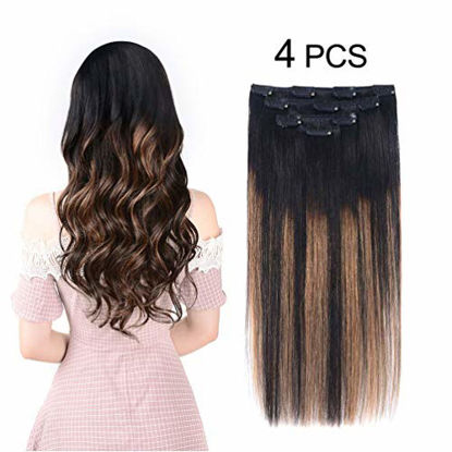 Picture of 16" Hair Extensions Balayage Clip in Human Hair for Women - Silky Straight Natural Black to Chestnut Brown Highlight Black Ombre Hair 55grams 4pieces #(1BT6) P1B Color