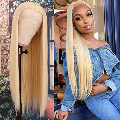Picture of QD-Tizer Blonde Hair Lace Front Wig Long Straight Blonde Wig Natural Hair Heat Resistant Fiber Hair Synthetic Lace Front Wigs for Fashion Women 22 inch