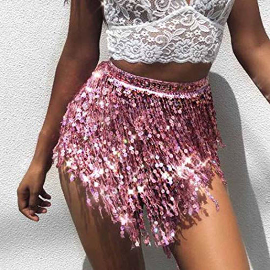Picture of Zoestar Boho Sequin Tassel Hip Scarf Multiplayer Belly Dance Belt Dance Performance Skirt for Women and Girls (Pink)