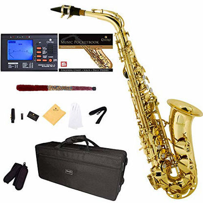 Picture of Mendini By Cecilio Eb Alto Saxophone - Instrument Case, Tuner, Mouthpiece, 10 Reeds, Pocketbook, Cloth & Gloves- MAS-L Gold Lacquer E Flat Sax (Saxofon Alto)
