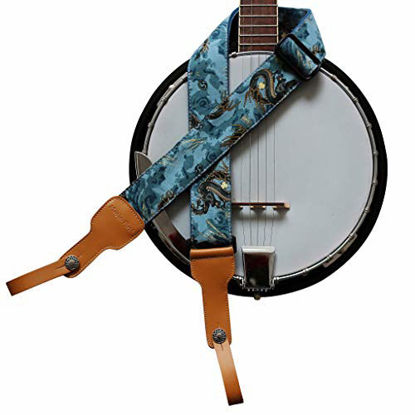 Picture of MUSIC FIRST Original Design, 2 inch width (5cm), Ukiyoe Style The Dragon King Soft Cotton & Genuine Leather Delux Banjo Strap, With 2 pieces of MUSIC FIRST Leather Strap Locker. (The Dragon King)
