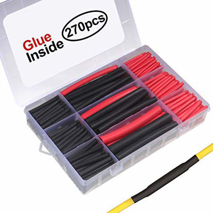 Picture of 270pcs 3:1 Dual Wall Adhesive Heat Shrink Tubing Kit, 5 Sizes (Diameter): 3/8, 1/4, 3/16, 1/8, 3/32 inch, Marine Wire Cable Sleeve Tube Assortment with Storage Case for DIY by MILAPEAK (Black & Red)
