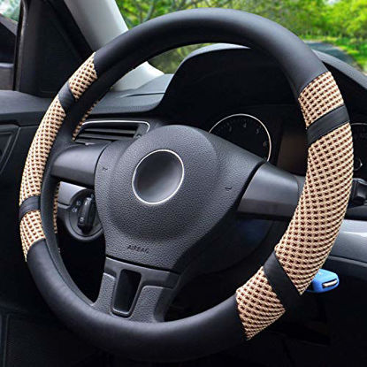 Picture of BOKIN Steering Wheel Cover Microfiber Leather and Viscose, Breathable, Anti-Slip, Odorless, Warm in Winter and Cool in Summer, Universal 15 Inches (Tan)