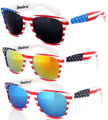 Picture of Shaderz Classic Eyewear Retro 80's American USA Flag 4th of July Frame Sunglasses (Combo of 3, 52)