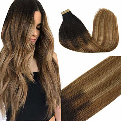 Picture of GOO GOO 22inch Tape in Human Hair Extensions Balayage Dark Brown to Chestnut Brown and Dirty Blonde Ombre Remy Hair Extensions Tape in Straight Skin Weft 50g 20pcs