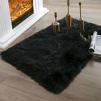 Picture of Ashler Faux Fur Black Rectangle Area Rug Indoor Ultra Soft Fluffy Bedroom Floor Sofa Living Room 2 x 3 Feet