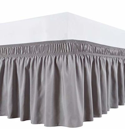 Picture of Biscaynebay Wrap Around Bed Skirts Elastic Dust Ruffles, Easy Fit Wrinkle and Fade Resistant Silky Luxrious Fabric Solid Color, Silver Grey for Full and Full XL Size Beds 18 Inches Drop