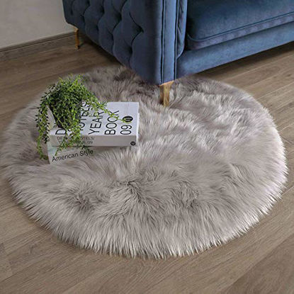 Picture of Ashler Ultra Soft Fluffy Area Rug Faux Fur Sheepskin Carpet Chair Couch Cover for Bedroom Floor Sofa Living Room, Gray Round 3 x 3 Feet