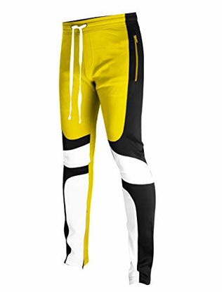 Picture of SCREENSHOTBRAND-P11031 Mens Hip Hop Premium Slim Fit Track Pants - Athletic Jogger Moto Cut & Sew Color Block Patch Bottoms-Gold-Small