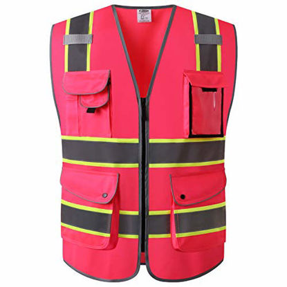 Picture of JKSafety 9 Pockets High Visibility Zipper Front Safety Vest | Pink with Dual Tone High Reflective Strips | Meets ANSI/ISEA Standards (Pink Yellow Strips, Large)