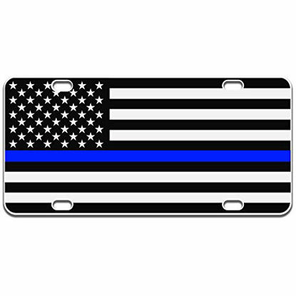 Picture of JASS GRAPHIX American Flag License Plate Matte Black on 1/8" White Aluminum Composite Heavy Duty Tactical Patriot USA Car Tag (Black on White w Blue)