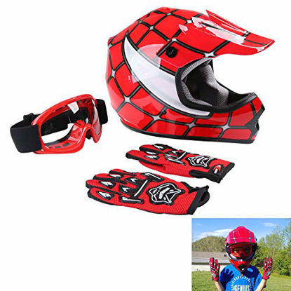Picture of TCT-MT Red Spider DOT Youth Helmets w/Goggles+Gloves Kids Net Motocross Dirt Bike Helmet ATV MX Helmet+Gloves+Goggles (XL)