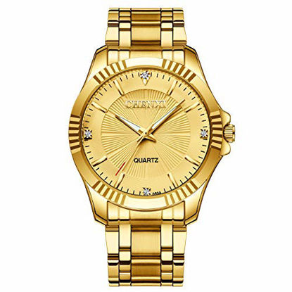 Picture of Gold Stainless Steel IP Plated Men's Business Wrist Watches for Male with Crystals
