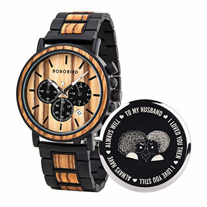 Picture of BOBO BIRD Mens Personalized Engraved Wooden Watches, Stylish Wood & Stainless Steel Combined Quartz Casual Wristwatches for Men Family Friends Customized Watch(B-for Husband)