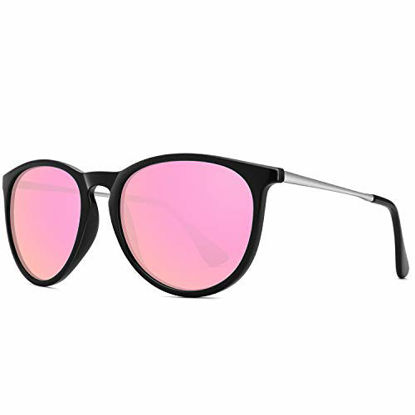 Picture of WOWSUN Polarized Sunglasses Women Vintage Retro Round Mirrored Lens Black Purple Pink