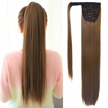 Picture of SEIKEA Clip in Ponytail Extension Wrap Around Natural Hairpiece for Women 28 Inch Straight Hair - Light Chocolate Brown