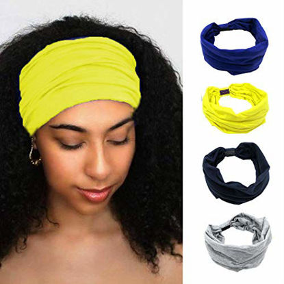 Picture of Woeoe African Headbands Knotted Hairbands Black Stylish Head Wraps Wide Elastic Head Scarf for Women and Girls (Pack of 4) (yellow,blue,dark blue,gray)