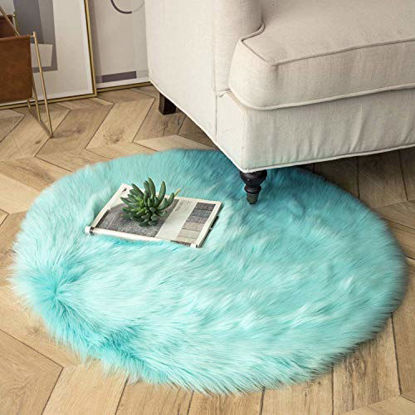 Picture of Ashler Soft Faux Sheepskin Fur Chair Couch Cover Area Rug for Bedroom Floor Sofa Living Room Turquoise Round 3 x 3 Feet