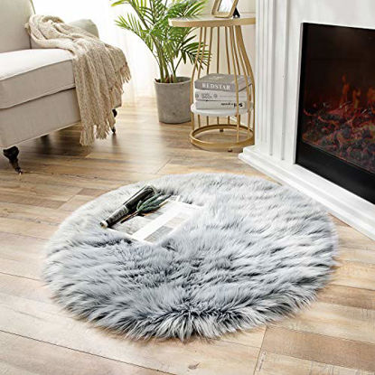 Picture of Ashler Soft Faux Sheepskin Fur Chair Couch Cover Area Rug Bedroom Floor Sofa Living Room Coal Black Round 3 x 3 Feet
