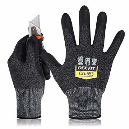 Picture of DEX FIT Level 5 Cut Resistant Gloves Cru553, 3D Comfort Stretch Fit, Power Grip Foam Nitrile, Smart Touch, Durable Thin & Lightweight, Machine Washable, Black Grey Large 1 Pair