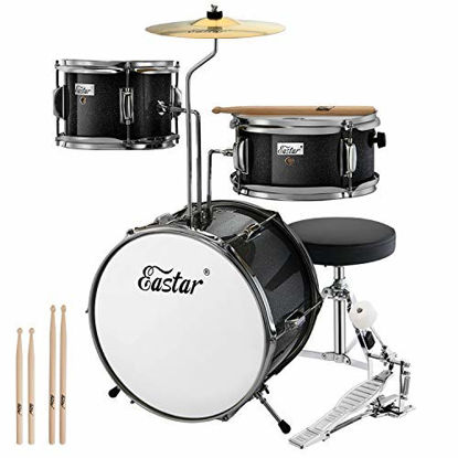 Picture of Eastar 14 inch Kids Drum Set Real 3 Pieces with Throne, Cymbal, Pedal & Drumsticks,Metallic Black (EDS-180B)