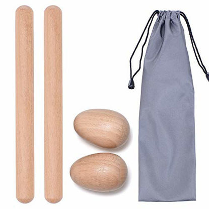 Picture of 4 Pcs Musical Hand Percussion Instrument Set, includes 1 Pair 8 Inch Rhythm Sticks Wood Claves and 1 Pair Wood Egg Shakers for Kids