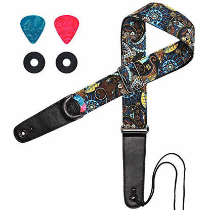 Picture of Guitar Strap, IHOBOR Denim Print Flowers Acoustic Electric Bass Guitar Strap with Premium Leather End, Vintage Classical Pattern Design Included Strap Locks & Strap Picks