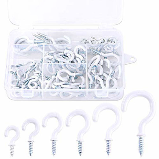 Picture of Glarks 100-Pieces 6 Sizes White Vinyl Coated Cup Hooks Screw-in Ceiling Hooks Screw Hooks Mug Hooks Hangers Assortment Kit for Home and Office Use